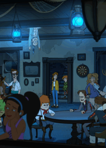 A blue room where animation figures hang out