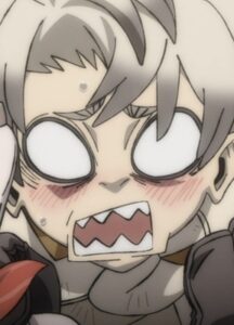 A boy wearing glasses and has gray skin