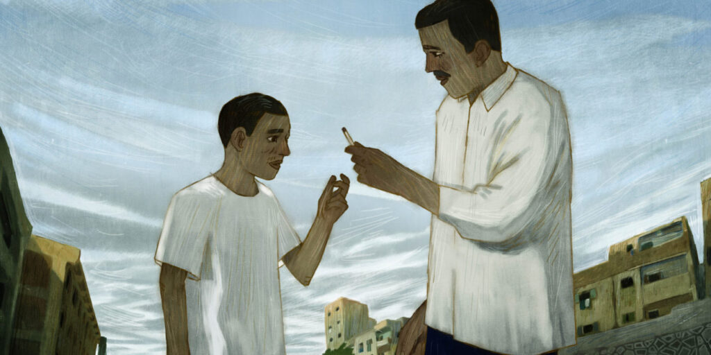 A boy and a man share a cigarette